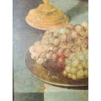 Antica pittura ad olio a bordo Peter BILOIT Mets, frutta e vetro su un tavolo / Ancora vita