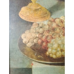 Antica pittura ad olio a bordo Peter BILOIT Mets, frutta e vetro su un tavolo / Ancora vita