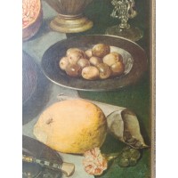 Oud schilderij olieverf op paneel Peter BINOIT Metten, fruit en glas op tafel / Dode natuur