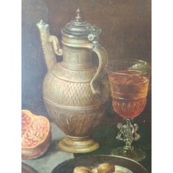 Oud schilderij olieverf op paneel Peter BINOIT Metten, fruit en glas op tafel / Dode natuur