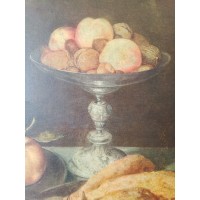 Antica pittura ad olio a bordo Peter BILOIT Mets, frutta e vetro su un tavolo / Ancora vita