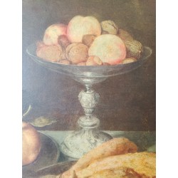 Oud schilderij olieverf op paneel Peter BINOIT Metten, fruit en glas op tafel / Dode natuur