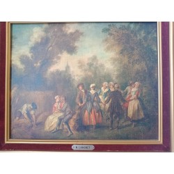 Pintura antiga por Nicolas Lancret (1690-1743) cena de personagens do século XVIII dançando em um campo de trigo