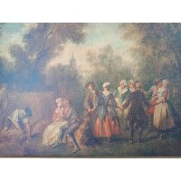 Gammal teikning signert av Nicolas Lancret (1690-1743) scene med personar frå 1700-talet som dansar i kornmarken