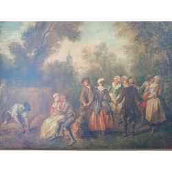 Gammelt maleri signert Nicolas Lancret (1690-1743) scene med karakterer fra 1700-tallet som danser i en hveteåker