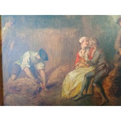 Pittura antica di Nicolas Lancret (1690-1743) scena di personaggi del XVIII secolo che ballano in un campo di grano