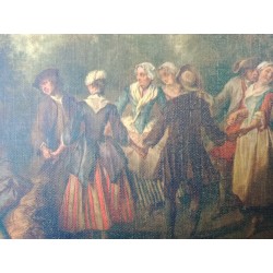 Gammelt maleri signert Nicolas Lancret (1690-1743) scene med karakterer fra 1700-tallet som danser i en hveteåker