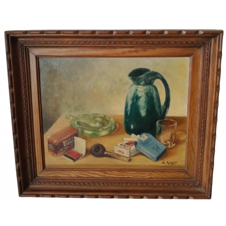 Ancient painting oil painting on canvas signed L. Gisquet still life carafe glass pack of cigarettes ashtray