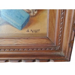 Stół stary obraz olejny na płótnie podpisane L. Gisquet Natura wciąż karafka szklana pakiet papierosów ashtray