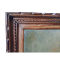 Stół stary obraz olejny na płótnie podpisane L. Gisquet Natura wciąż karafka szklana pakiet papierosów ashtray