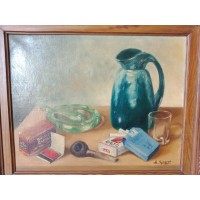 Ancient painting oil painting on canvas signed L. Gisquet still life carafe glass pack of cigarettes ashtray