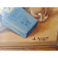 Stół stary obraz olejny na płótnie podpisane L. Gisquet Natura wciąż karafka szklana pakiet papierosów ashtray