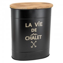 Sgabello e secchiello per pellet in metallo con decoro “Chalet Life”