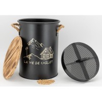 Stool and bucket with pellets in metal decor Mountain dust recovery sieve