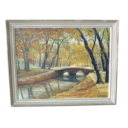 Painting painting on autumn landscape panel natural river bridge signed Gisèle Darrieux-Boblin (1927)