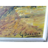 Maalaus maalaus paneelissa maisema syksyinen joen sillan luonto allekirjoitettu Gisèle Darrieux-Boblin (1927)