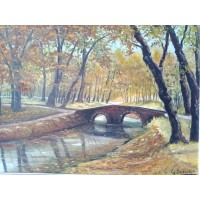 Gemälde auf Tafel, herbstliche Landschaft, Brücke, Fluss, Natur, signiert Gisèle Darrieux-Boblin (1927)