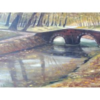 Gemälde auf Tafel, herbstliche Landschaft, Brücke, Fluss, Natur, signiert Gisèle Darrieux-Boblin (1927)