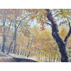 Malarstwo malowanie na panelu Krajobraz jesienny rzeki most natura podpisany Gisèle Darrieux-Boblin (1927)