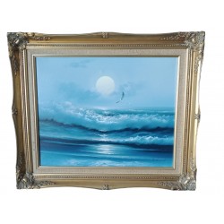 Pintura de óleo sobre lienzo paisaje marino mar olas azules gaviotas de madera dorada marco