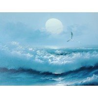 Pintura a óleo sobre tela paisagem marinha sol ondas azuis gaivotas de madeira moldura de ouro