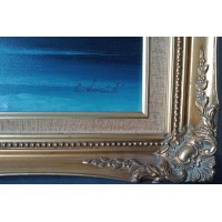 Pittura ad olio su tela paesaggio marino sole onde mare blu gabbiani cornice in legno dorato