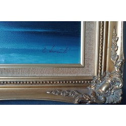 Pittura ad olio su tela paesaggio marino sole onde mare blu gabbiani cornice in legno dorato