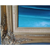 Pintura de óleo sobre lienzo paisaje marino mar olas azules gaviotas de madera dorada marco