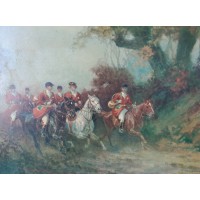 Antiga pintura a óleo sobre tela de cavaleiros caçando a cavalo segundo Eugène Péchaubes, moldura de madeira dourada com folha d