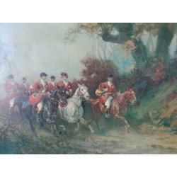 Antiga pintura a óleo sobre tela de cavaleiros caçando a cavalo segundo Eugène Péchaubes, moldura de madeira dourada com folha d