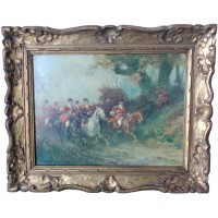 Antiga pintura a óleo sobre tela de cavaleiros caçando a cavalo segundo Eugène Péchaubes, moldura de madeira dourada com folha d