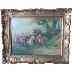 Antiga pintura a óleo sobre tela de cavaleiros caçando a cavalo segundo Eugène Péchaubes, moldura de madeira dourada com folha d