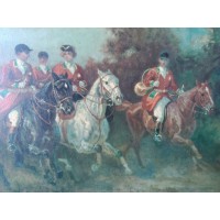 Antiga pintura a óleo sobre tela de cavaleiros caçando a cavalo segundo Eugène Péchaubes, moldura de madeira dourada com folha d