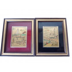 Lot de 2 - Tableaux chromolithographie d'art sur feuille d'or paysage marin bord de mer bateau voilier