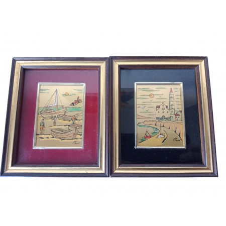 Lot de 2 - Tableaux chromolithographie d'art sur feuille d'or paysage marin bord de mer bateau voilier