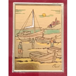 Lot de 2 - Tableaux chromolithographie d'art sur feuille d'or paysage marin bord de mer bateau voilier