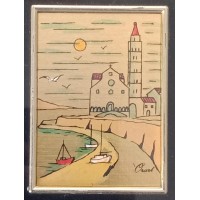 Lot de 2 - Tableaux chromolithographie d'art sur feuille d'or paysage marin bord de mer bateau voilier