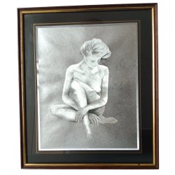 Pintura gravura retrato mulher preto prata alívio