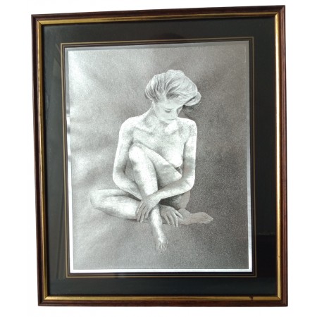 Tableau gravure portrait femme nue argenté en relief