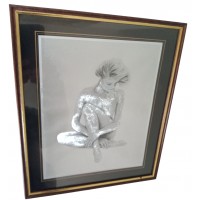 Tableau gravure portrait femme nue argenté en relief