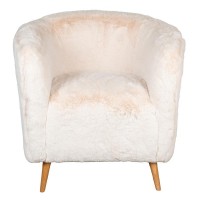 Fauteuil de salon en fausse fourrure blanche, pieds en bois