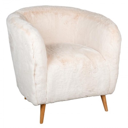 Fauteuil de salon en fausse fourrure blanche, pieds en bois