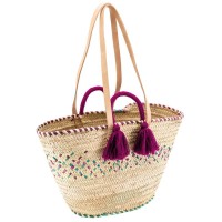 Natural Palm Tote Bag i Ting With Pasek na ramię Pompons Pink