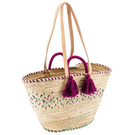 Natural and tinted palm bag with pink pompons shoulder strap