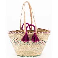 Natural and tinted palm bag with pink pompons shoulder strap