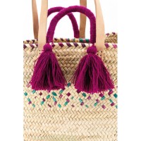 Sac cabas en palmier naturel et teinté avec bandoulière pompons rose