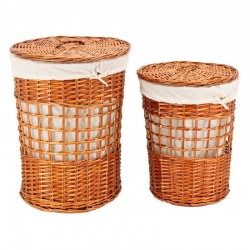 Series of 2 natural wicker round linen boxes with lids