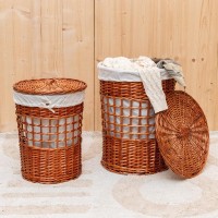 Series of 2 natural wicker round linen boxes with lids