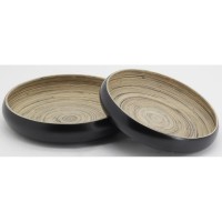 Serie van 2 ronde trays van natuurlijke zwarte gelakte bamboe ø 32-ø 38 cm