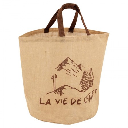 Sac à bûches en jute naturel, décor montagne